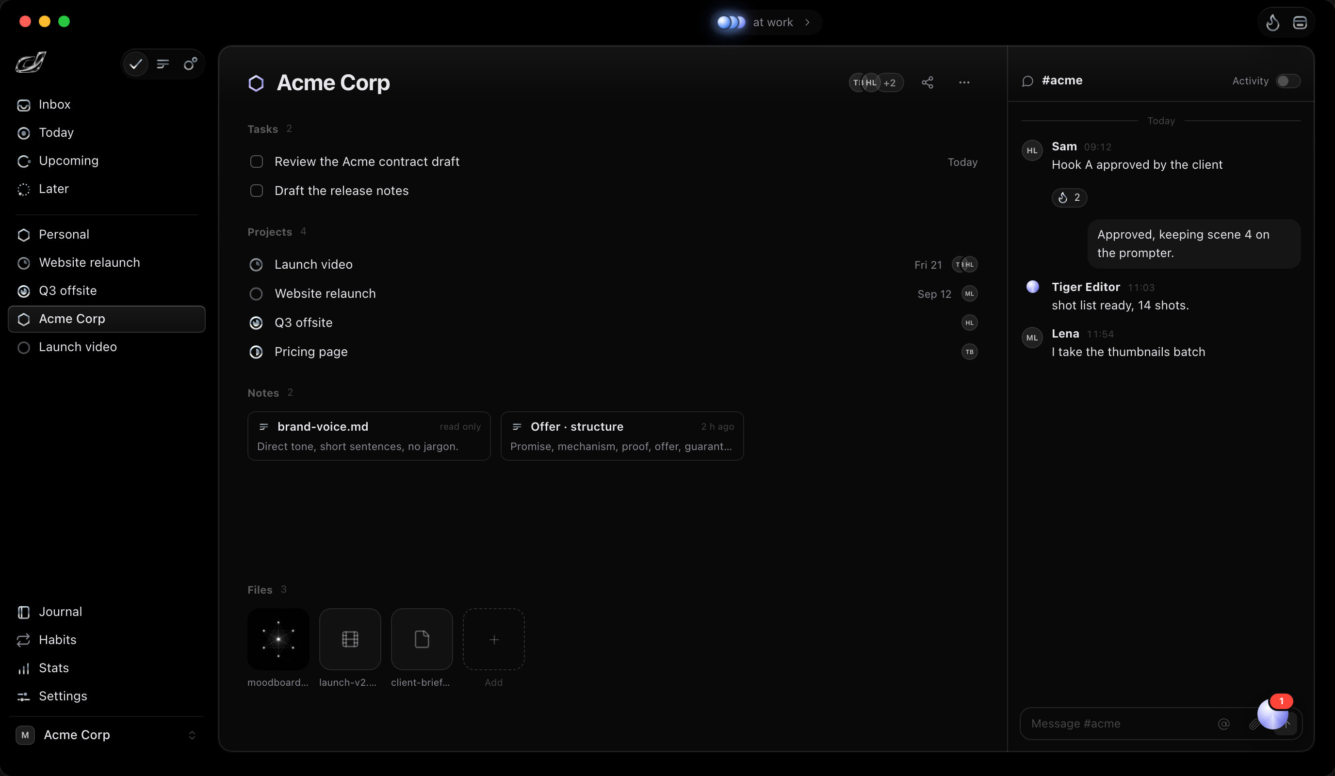 The Acme Corp area in Doers: projects with deadlines, notes and files