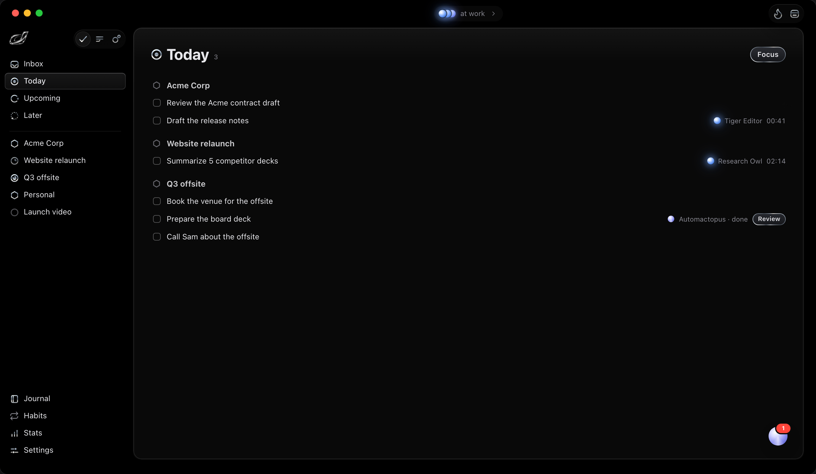 The Today list in Doers, with tasks delegated to agents
